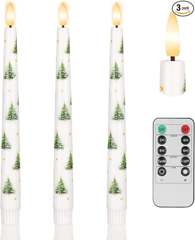 Flameless Taper Candles with Remote, Real Wax Christmas Tree Taper Candles Battery Operated, 9.6" Flickering Xmas LED Candlesticks for Home, Party, Holiday Decor