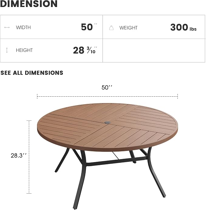 Patio Dining Table for 6, Round Metal Outdoor Table with Storage Shelf, 1.57" Umbrella Hole, 50" Outdoor Quartered Tabletop Dining Table for Backyard, Porch, Lawn, Walnut