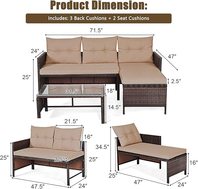 Fireflowery 3-Piece Outdoor Rattan Sectional Sofa Set, Patio Wicker Rattan Conversation Furniture Set, Steel Frame & Seat Cushion, Perfect for Garden Lawn Pool Backyard (Brown)