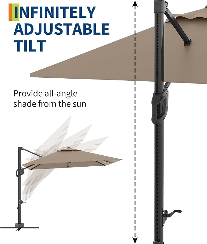 Garvee 10' x 10' Heavy Duty Square Cantilever Umbrella, Aluminum Offset Outdoor Patio Umbrella with 360-Degree Rotation for Backyard, Deck, Pool