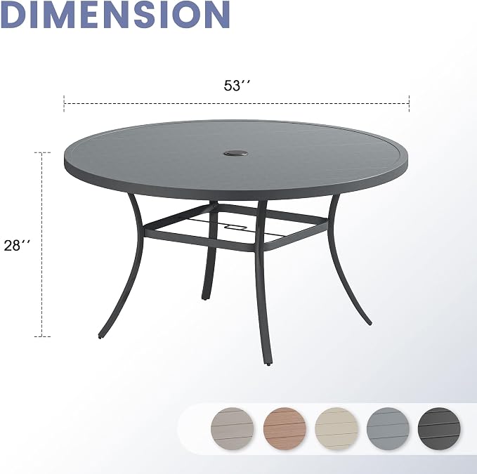 VICLLAX 53" Round Patio Table, Outdoor Dining Table for 8 with Umbrella Hole for Garden Lawn Deck Backyard, Dark Grey