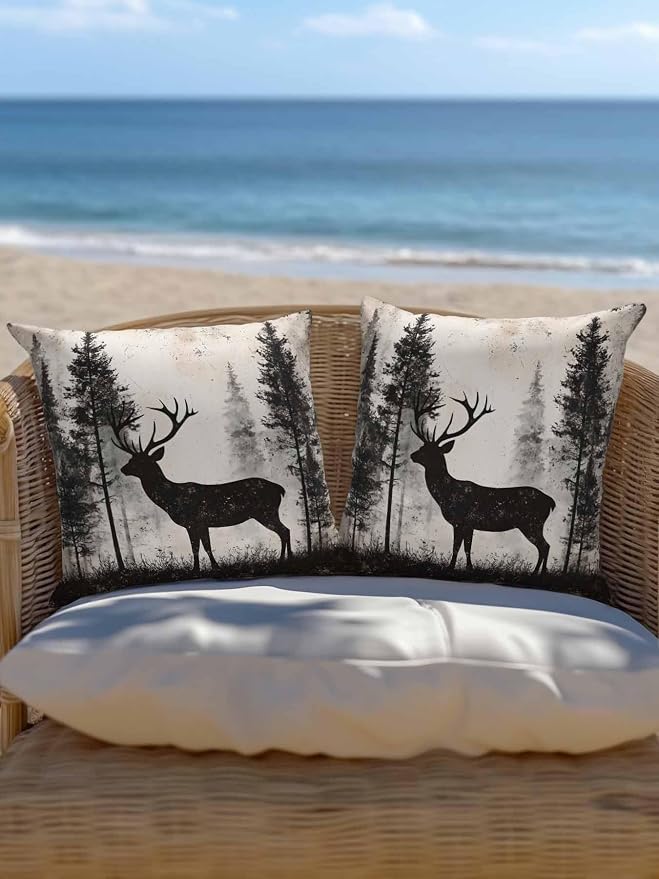 Outdoor Pillows Waterproof, Forest Deer Bedding Throw Pillows with Insert for Couch Sofa Bed, Rustic Country Wildlife Woodland Black Beige 16x16 Inch Pillowcases Camping Patio Pillow Set of 2