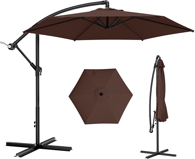 AreShark 10FT Patio Outdoor Umbrella, Offset Patio Umbrella Cantilever Umbrella, 6 Sturdy Ribs, Easy Adjustment for Garden Market Pool with Cross Base (Brown)