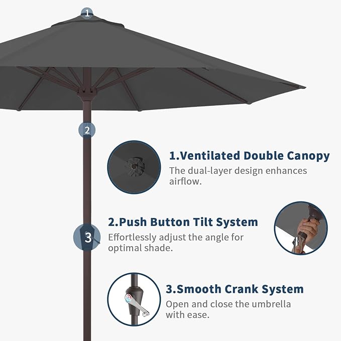 10FT Patio Umbrella Outdoor Market Umbrella with Crank and Tilt, 8 Flexible Fiberglass Ribs, UV-Resistant Waterproof Canopy for Patio, Deck, Garden, Backyard, Gray