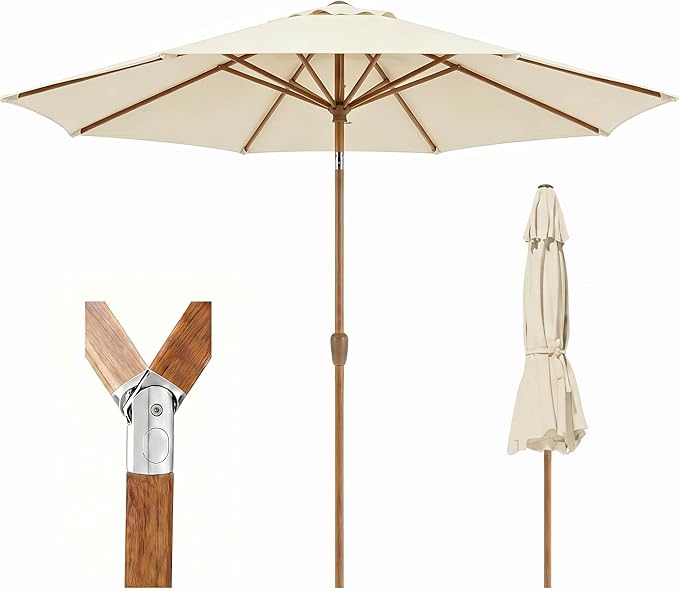 9ft Outdoor Patio Umbrella, Market Table Umbrella with Crank and Easy Push Button Tilt, Wood Grain Frame, UPF 50+ for Pool, Garden, Deck, Backyard