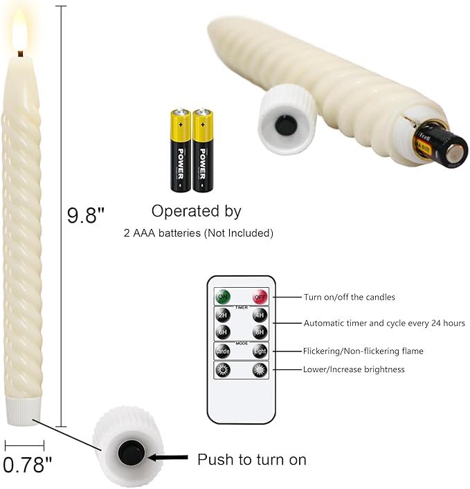 Flameless Taper Candles Real Wax Flickering with Remote Timer, Pastel Ivory 3D Wick LED Spiral Candles Battery Operated 6 Pack 9.8 inch, Wedding Birthday Home Party Holiday Dinner Decor