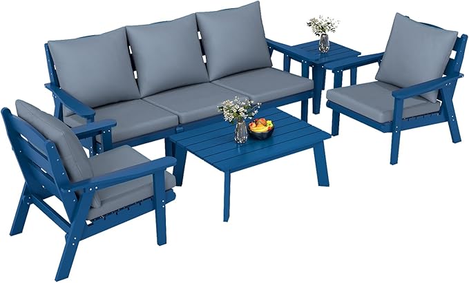 FOOWIN 7-Piece Patio Furniture Set, HDPE All-Weather Outdoor Conversation Set with Thick Cushions, Sectional Patio Sofa Furniture for Deck, Porch, Lawn, Garden, Navy Blue Frame & Grey Cushion