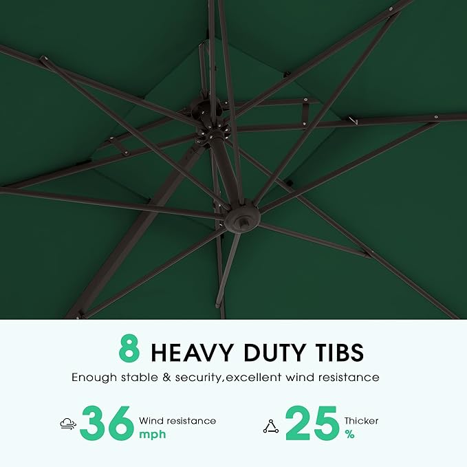 JEAREY 11ft 2-Tier Cantilever Patio Umbrella, Large Square Outdoor Offset Umbrella with Double Top Vent and 360-degree Rotation for Garden, Deck, Pool, Patio, Dark Green