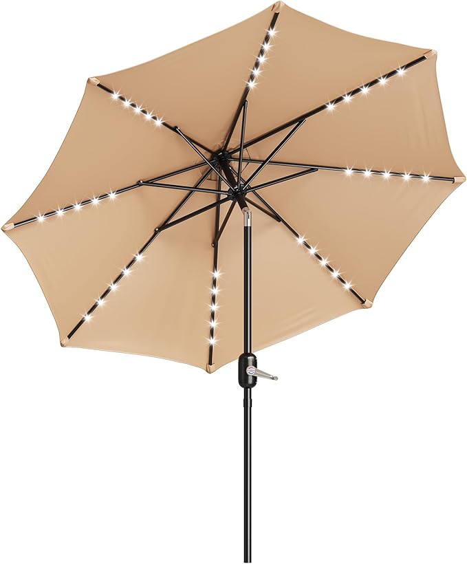 10FT Patio Umbrella with Solar Lights, Outdoor Table Umbrella with Tilt & Crank, 8 Ribs Waterproof UV Protected for Pool, Deck, Backyard, Tan