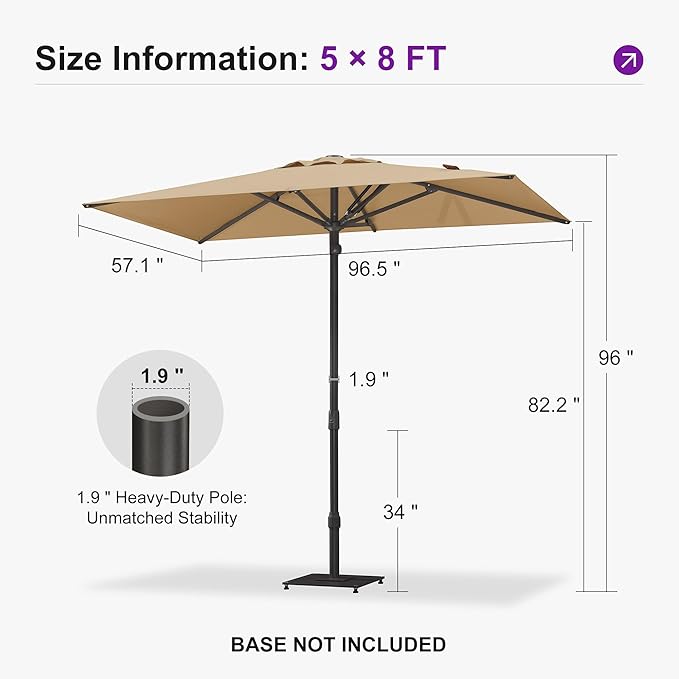 PURPLE LEAF 8' x 5' Rectangular Semi-Auto Outdoor Patio Umbrella Aluminium Market Umbrella Table Sun Umbrella with 1.89" Rod and 6 Sturdy Ribs for Deck Lawn Pool Garden, Beige