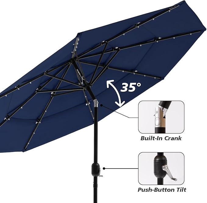 HOMPUS 9FT/10FT/11FT 3 Tiers Solar LED Patio Umbrella for Outside, Outdoor Market Umbrella with Push Button Tilt, 40 LEDs, Sun Shade for for Backyard, Deck, Garden