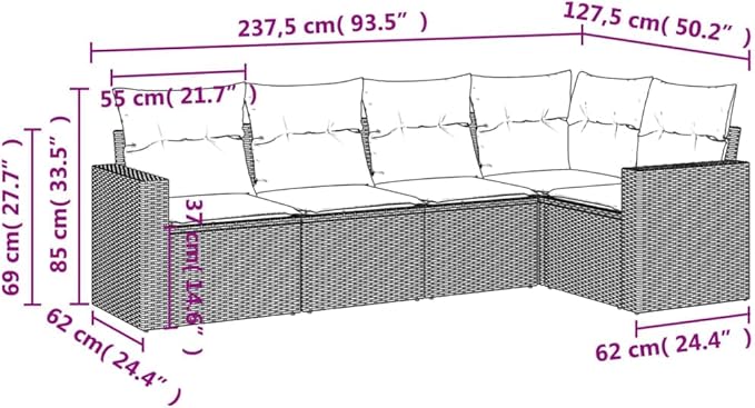 5 Piece Patio Sofa Set with Cushions, Outdoor Sofa Sets Garden Lounge Set Patio Conversation Set Front Porch Furniture for Negotiation Area Piazza Garden Poolside Black Poly Rattan
