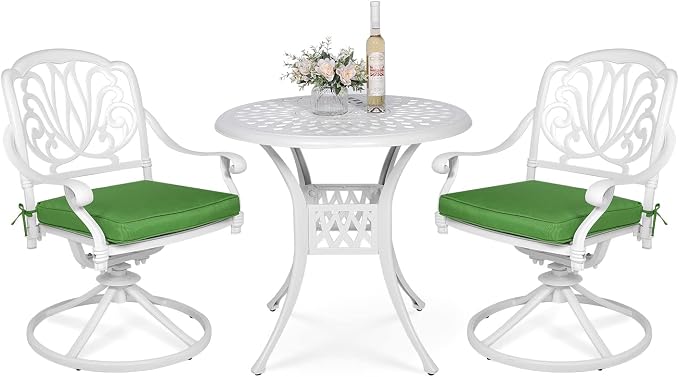 VIVIJASON 3-Piece Patio Furniture Dining Set, Outdoor All-Weather Cast Aluminum Bistro Set, Include 2 Swivel Chairs and 31" Round Table w/Umbrella Hole for Balcony, Lawn, Garden, Backyard, White