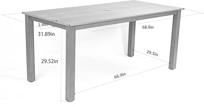 68.9” Outdoor Dining Table, Wooden Patio Table, Outdoor Furniture with Umbrella Hole, 6 Seater Outside Table for for Garden, Poolside & Backyard,BBQ ect. (Charcoal Gray)