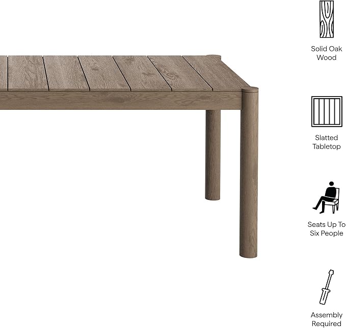 Modway Eleni 89-Inch Outdoor Teak Wood Dining Table in Weathered Gray – Rectangular Patio Dining Table with Slatted Top for Patios, Decks, Or Gardens
