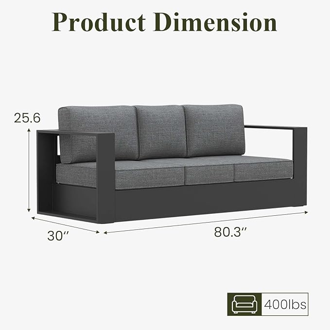 LayinSun Oversized Aluminum Outdoor Furniture, 1 Piece Patio 3-Seat Sofa, Deep Seating and Upgraded 6-inch Cushions for Porch, Balcony, Deck