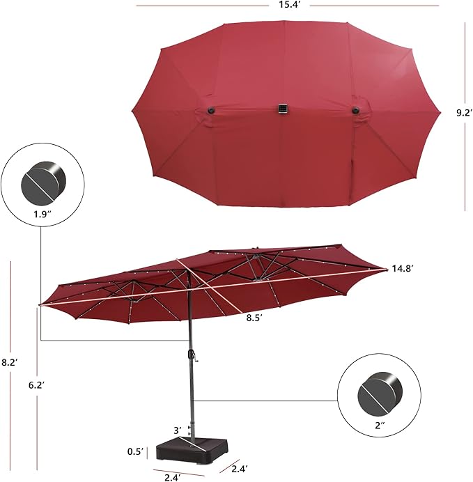 Giantex Large Outdoor Umbrella Double-Sided, 48 Solar Lights, Auto-Charging Solar Panel, Extra Large Patio Umbrella with Base and Crank, Outdoor Market Umbrellas for Poolside Garden