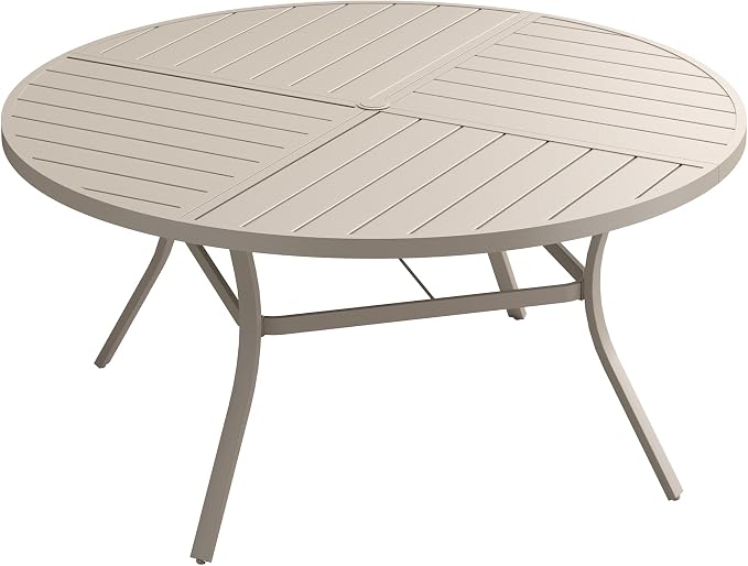 DIFY 50" Round Outdoor Patio Dining Table for 6, All-Weather Metal Steel Slatted Patio Table with 1.57" Adjustable Umbrella Hole, for Lawn Garden Porch Backyard, Sandshell