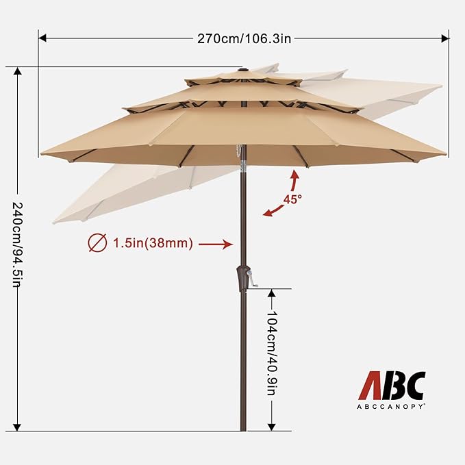 ABCCANOPY 9Ft 3 Tiers Market Umbrella, Outdoor Table Umbrella for Patio, Deck, Backyard (Dark Gray)