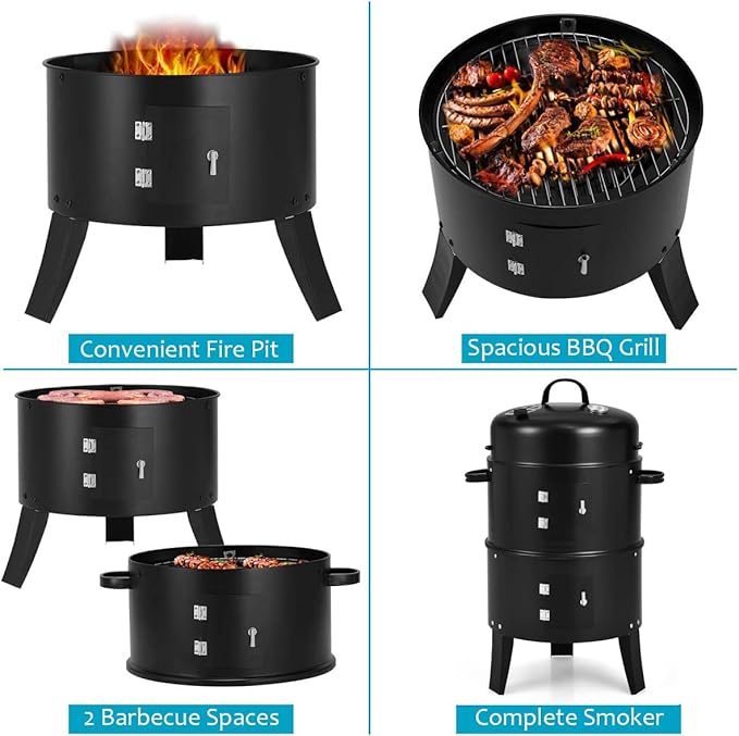 Giantex 3-in-1 Charcoal BBQ Smoker, Outdoor Grill Cooker with Built-in Thermometer and 6 Hooks for Outdoor Backyard Cooking Grilling Camping