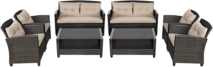 Tangkula 8-Piece Outdoor Rattan Furniture Set, PE Rattan Wicker Sectional Sofa with Loveseat Chair & Glass Table, Patio Cushioned Conversation Sets for Backyard Porch Garden Poolside (2, Brown)