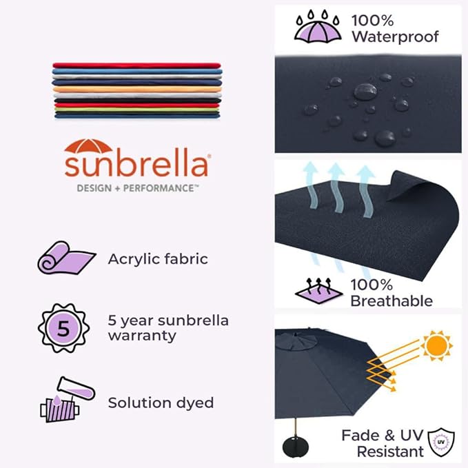 Midtown Umbrellas The Wooden 8 Feet Patio Umbrella With Sunbrella Canvas Navy Acrylic Fabric - Aluminum Frame Market Umbrella For Backyard, Deck, Garden, Pool - Wooden Pole