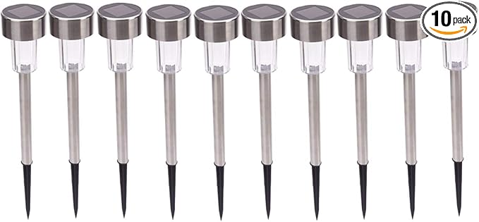 Stainless Steel Outdoor Solar Lights - Waterproof, LED Lawn Lamps Lighting Solar Powered Outdoor Lights Solar Garden Lights for Pathway Patio Yard (10pcs-White & Silver)