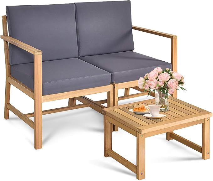Tangkula 3 in 1 Acacia Wood Loveseat with Separable Coffee Table, 3-Piece Wooden Chairs Set with Cushions, 2-Seater Outdoor Furniture Set for Garden Backyard Balcony Patio Poolside (Natural Teak)