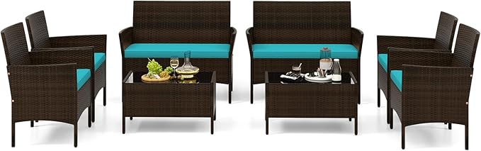 Tangkula 8 Piece Patio Rattan Conversation Set, Outdoor Wicker Furniture Set with Chair, Loveseat & Tempered Glass Table, Cozy Seat Cushions, Outside Sectional Sofa Set for Backyard (2,Turquoise)