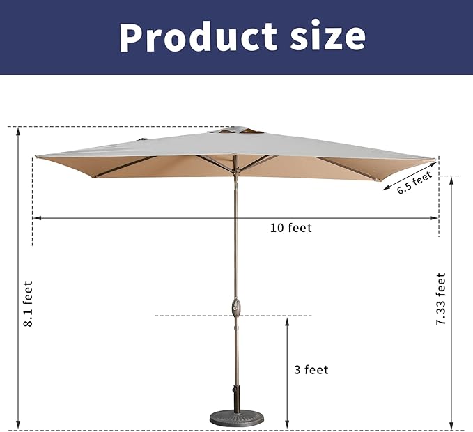 FansaFurn 6.5 x 10 Ft Rectangular Patio Umbrella Aluminum Pole, Outdoor Table Market Umbrella with Crank, 6 Steel Ribs, Polyester Canopy.EU03