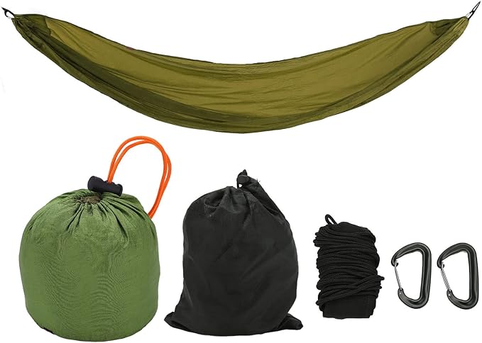 Portable Parachute Camping Hammock, Lightweight Outdoor Hammock with Aluminum Snap Hooks and Storage Bag for Hiking, Travel, and Picnics, 200kg Load Capacity (OD Green)