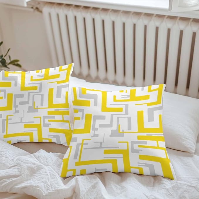 Geometric Outdoor Pillow Shams Set of 2, Decorative Pillowcases Cushion Case, Soft Throw Pillow Covers Waterproof Pillow Case 24x24 Inch, Abstract Lines Yellow Gray Modern Art