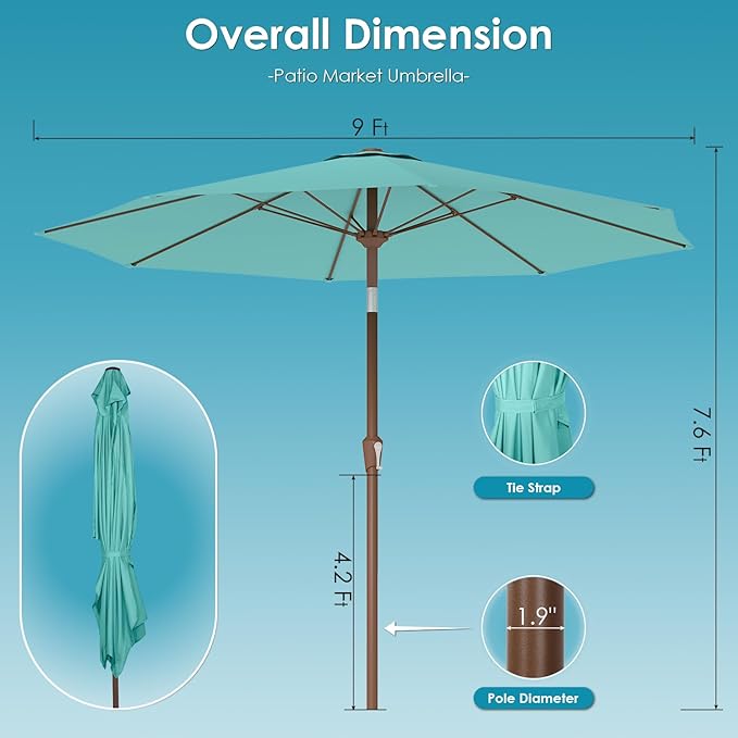GREENVINES 9-FT-Patio-Umbrella | Outdoor-Table-Umbrellas | 8 Sturdy Fiberglass Ribs | Push Button Tilt & Crank | Waterproof | Market Umbrella | for Pool Backyard Garden Deck | Peacock Blue