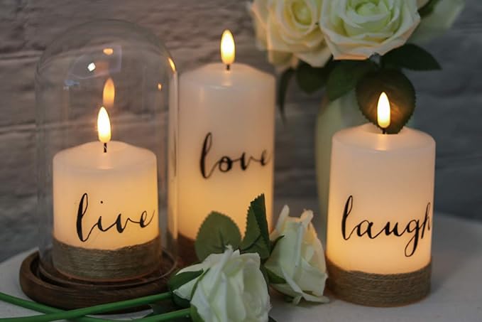GenSwin Battery Flameless Candles with 10-Key Remote Timer, Real Wax Pillar LED Candles Live Laugh Love, Realistic 3D Wick Flickering Gift (D3 x H4.7 5.7" 6.7", Pack of 3)