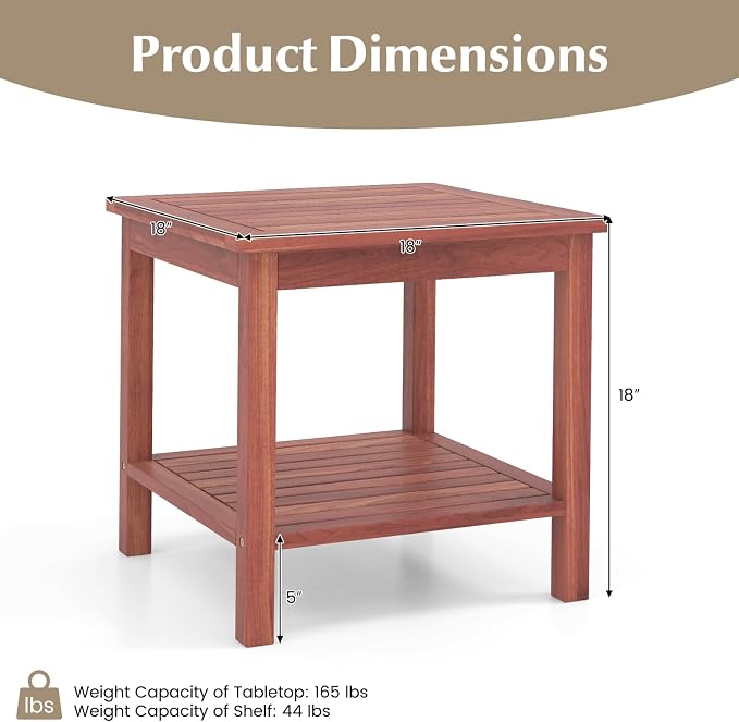 Tangkula Patio Side Table, Double-Tier Acacia Wood End Table, Slatted Tabletop & Shelf, Outdoor Small Side Table with Storage, Compact Wood Table for Backyard, Balcony (1, Natural)