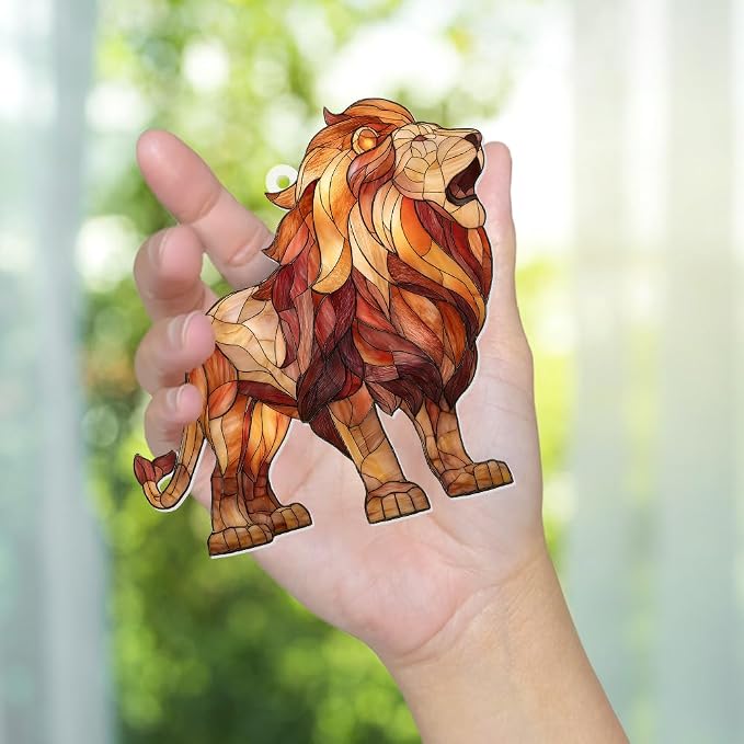 Lion Stained Glass Ornament Acrylic Window Hanging Sun Catcher – Wildlife Animal Decor for Christmas Tree, Rearview Mirror, Home & Car Accessories, Safari Gifts for Men Women, Symbol of StrengthSun-26
