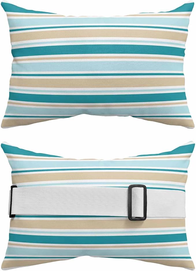 Pack of 4 Outdoor Lumbar Pillow Covers 11x16 Inch, Teal Khaki Striped Waterproof Throw Pillow Covers Set, Farmhouse Stripes Modern Abstract Art Outside Decorative Cushion Cases for Patio Porch Car