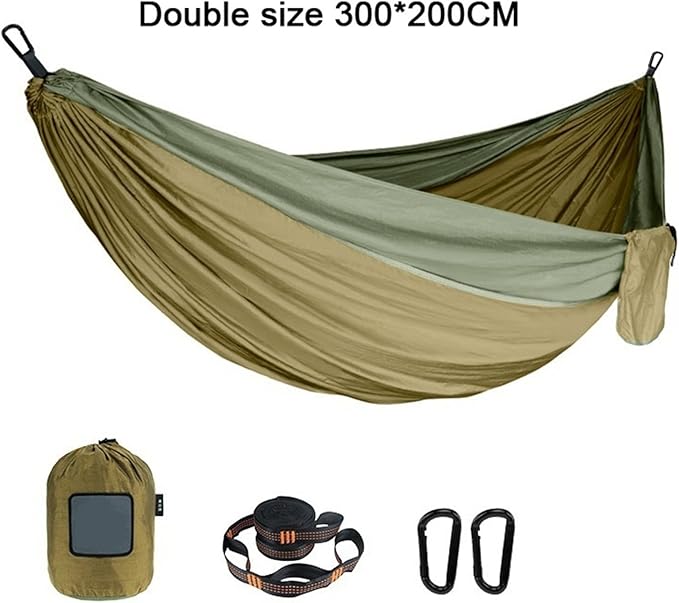 Portable Nylon Parachute Fabric Single and Double Size Outdoor Camping Hiking Garden Hammock(Double Brown Green 2)