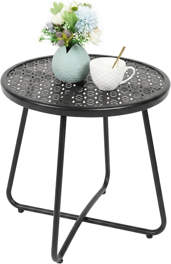 danpinera Outdoor Side Tables, Small Black Round End Table with Flower Cut Outs for Patio Yard Balcony Garden Bedside