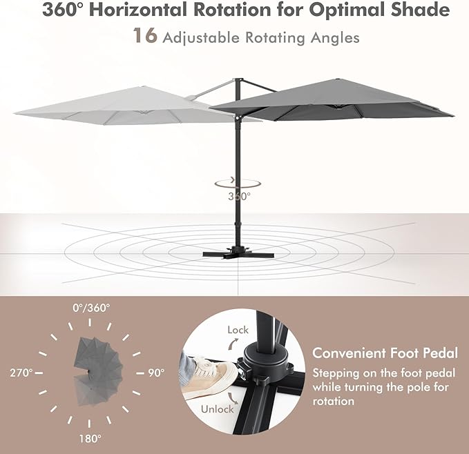 Tangkula 9.5 FT Cantilever Patio Umbrella, Outdoor Square Offset Umbrella with 360°Rotation, Heavy Duty Patio Hanging Umbrella with Cross Base for Garden Deck Pool Backyard (Grey)