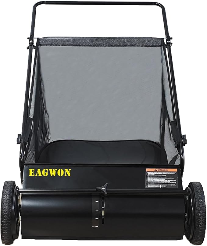 Push Lawn Sweeper, 26-Inch Width, 7 Cu. Ft. Hopper Capacity, 4 Spinning Brushes, Adjustable Height, Durable Steel Frame with Rubber Wheels, Ideal for Leaves and Grass