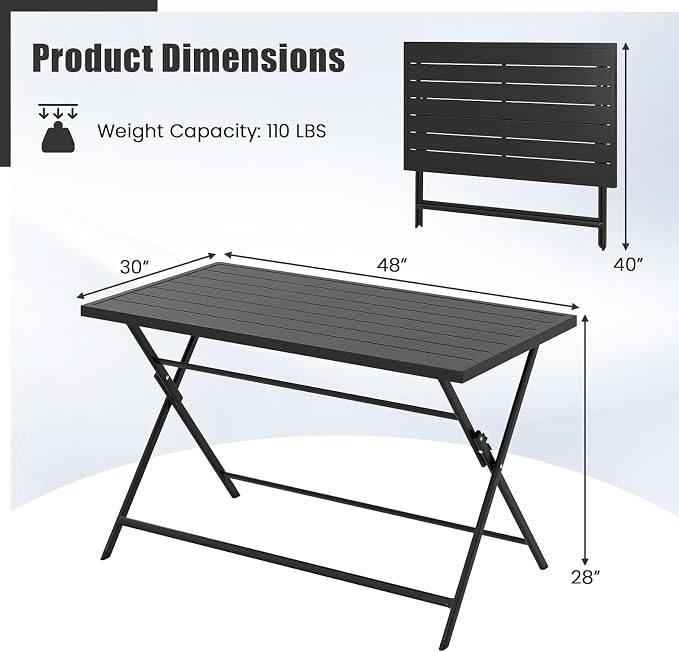 Giantex Folding Outdoor Dining Table for 4-6 Person, 48"x30" Rectangular Metal Patio Table with Large Tabletop, Foldable Outside Dinner Table for Garden Backyard Picnic (Black)