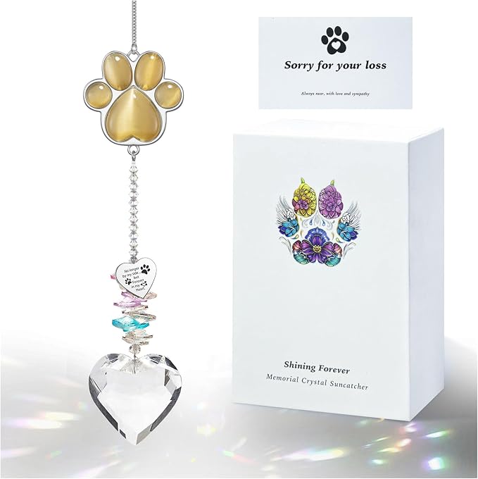 Dog Memorial Gifts, Pet Memorial Suncatcher, Loss of Dog Sympathy Gift | Thoughtful Dogs and Cats Bereavement Remembrance Gifts, Natural Cat's Eye Stone Paw Crystal Suncatcher