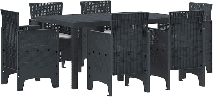 Garden Dining Set 7 Pieces Anthracite Poly Rattan Modern Outdoor Patio Furniture Set with Rectangular Table and 6 Chairs UV Resistant Cushions for Garden Balcony Deck Lawn