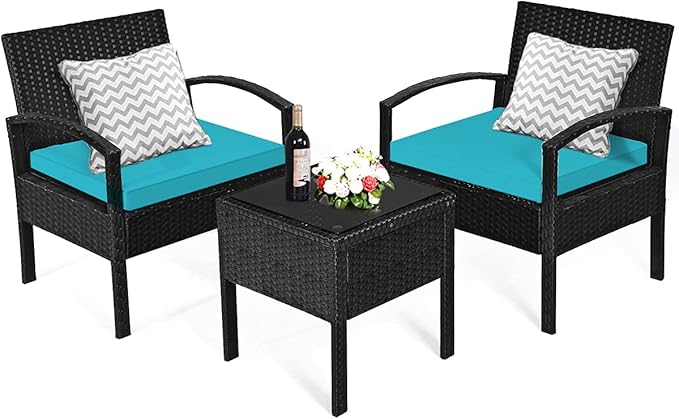 Tangkula 3 Piece Patio Conversation Set, Outdoor Rattan Sofa Set with Seat Cushions & Coffee Table, Patio Wicker Furniture Set for Garden Balcony Backyard Poolside (Turquoise)
