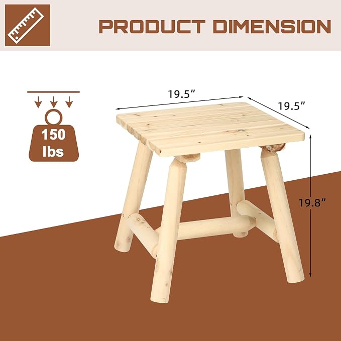 HOMEDIARY Wooden Adirondack Log Side Table, Cedar Wood Outdoor Square End Table w/Slatted Tabletop, Oversize 19.5” Indoor Outdoor Patio Side Coffee Table for Garden Patio Backyard Porch, Carbonized