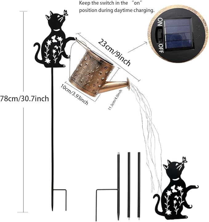 Solar Watering Can with Lights, Featuring Metal Cat Silhouette Garden Ornament Festive Gift for Women, Waterproof Outdoor Decor for Backyard Paths and Lawn