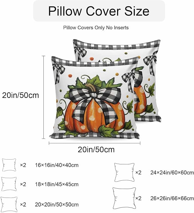 Orange Pumpkins Outdoor Waterproof Pillow Covers, Polka Dot Bow Fall Maple Leaves Plaid Decorative Square Throw Pillowcase Sofa Cushion Sham for Patio/Couch/Chair, 18"x18" 2 Pack
