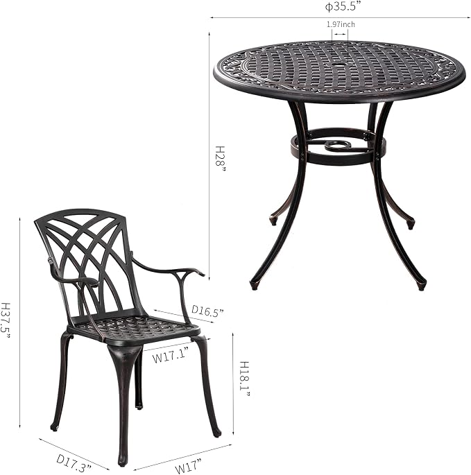 5 Pieces Outdoor Patio Dining Set, 36" Metal Outdoor Dining Set with 1.97" Umbrella Hole, Anti Rust Patio Furniture Set with 4 Chairs and Round Table for Garden, Porch and Poolside, Bronze