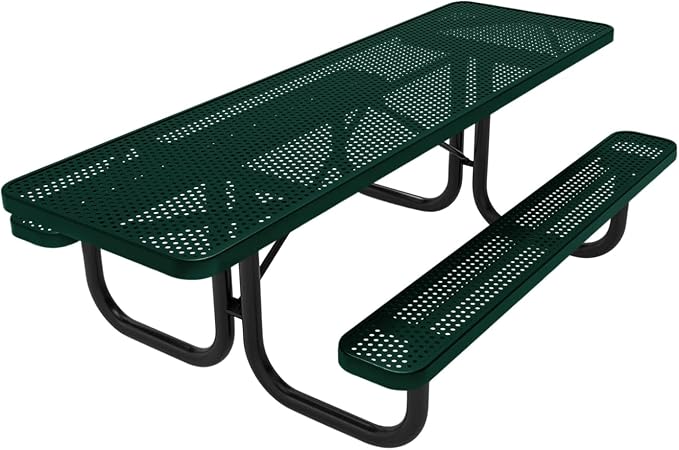 COATEDOUTDOORFURNITURE Heavy-Duty Portable ADA-Compliant Outdoor Picnic Table, Punched Steel Patio Dining Furniture Made in America (8ft Rectangular, Both-Side Handicap, Textured Dark Green)